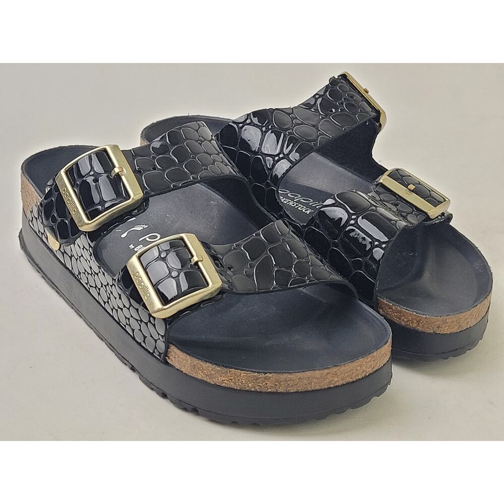 Birkenstock Papillio Arizona Platform Flex Black Croc-Embossed Sandals Sz 37 - Picture 2 of 11